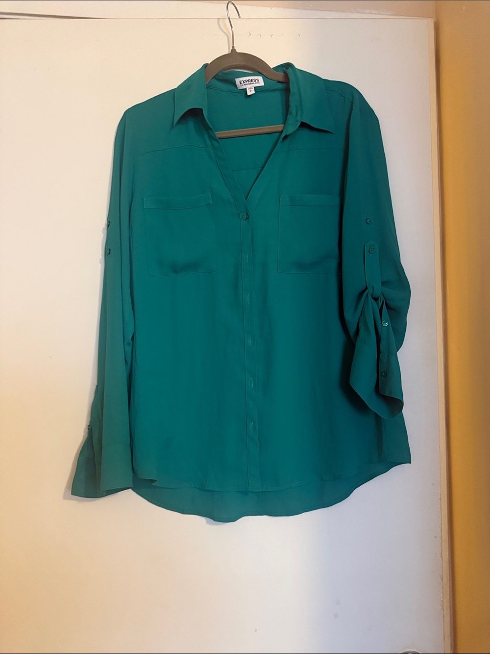 Express Teal Button-Down Blouse with Roll Tabs